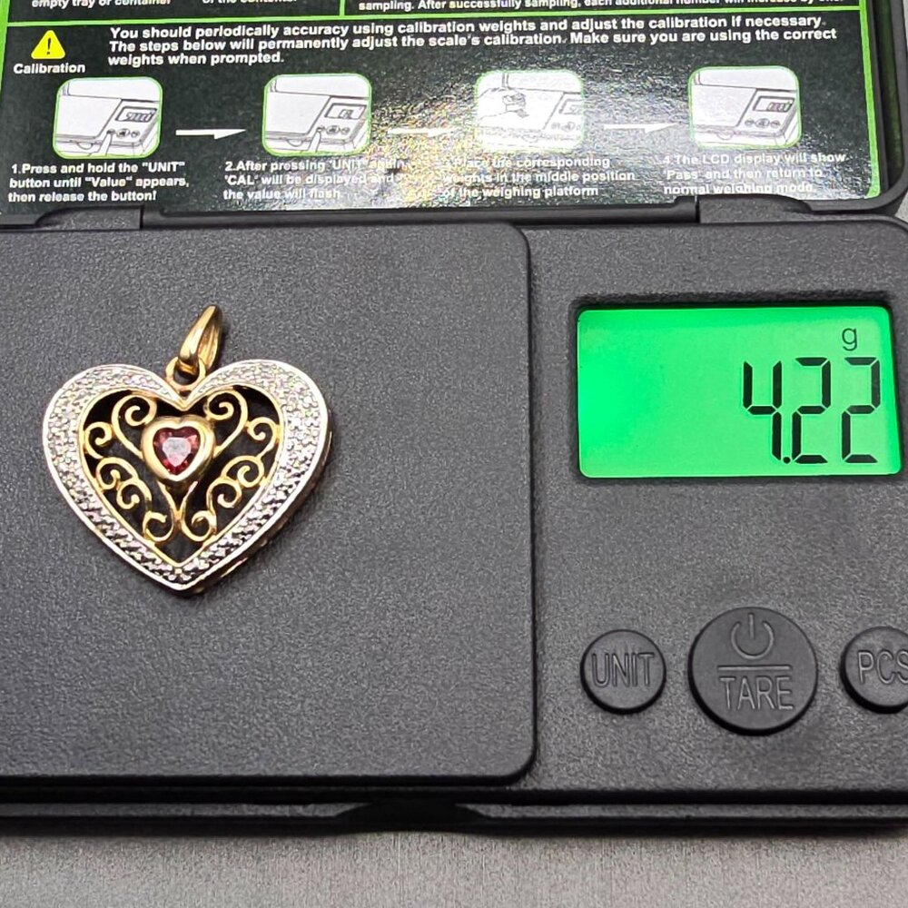 VTG Ross‑Simons Vermeil Sterling Heart Pendant Garnet & Diamond Accents 1" - Picture 9 of 9